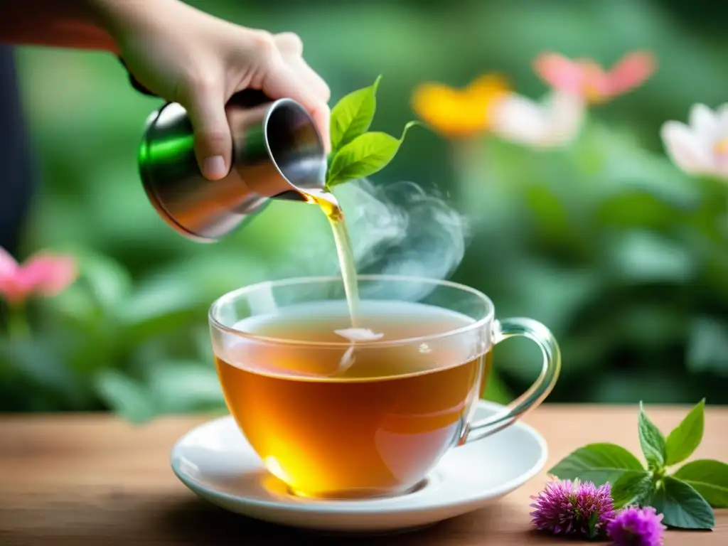 Una persona sostiene una taza de té de hierbas humeante con hojas verdes y flores