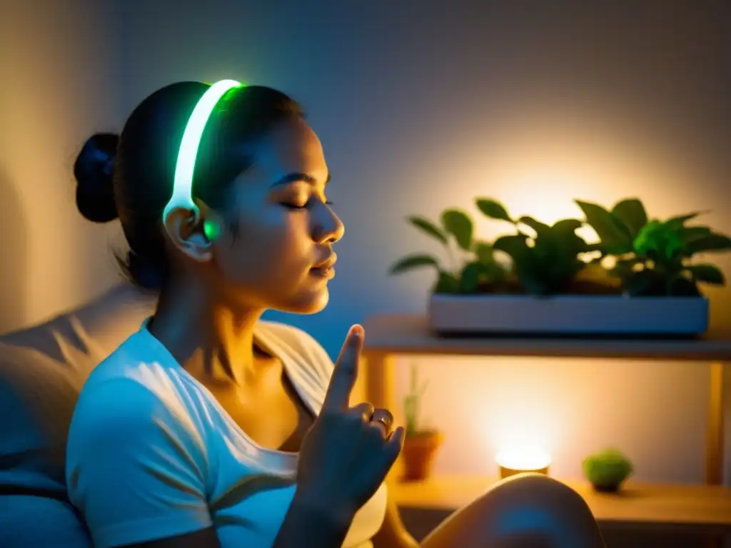 Persona practicando técnicas de biofeedback para controlar estrés en una habitación tranquila y relajante, con los ojos cerrados