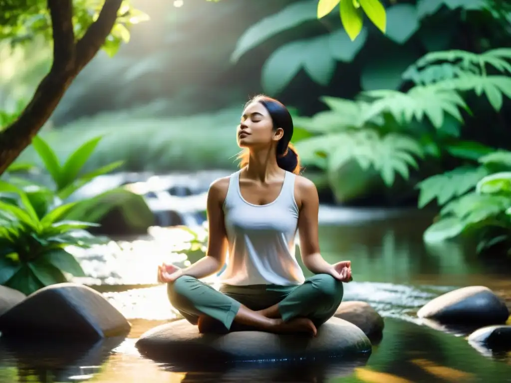 Persona practicando técnicas de relajación en un entorno natural, rodeada de vegetación y luz suave