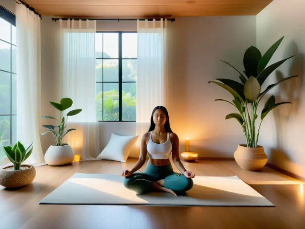 Persona practicando técnicas de visualización del sistema inmunológico en sereno cuarto de meditación con luz suave y decoración minimalista