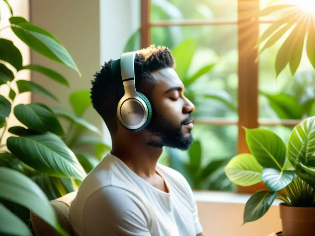 Persona disfrutando de terapia musical para fortalecer el sistema inmunológico en un ambiente sereno y lleno de naturaleza