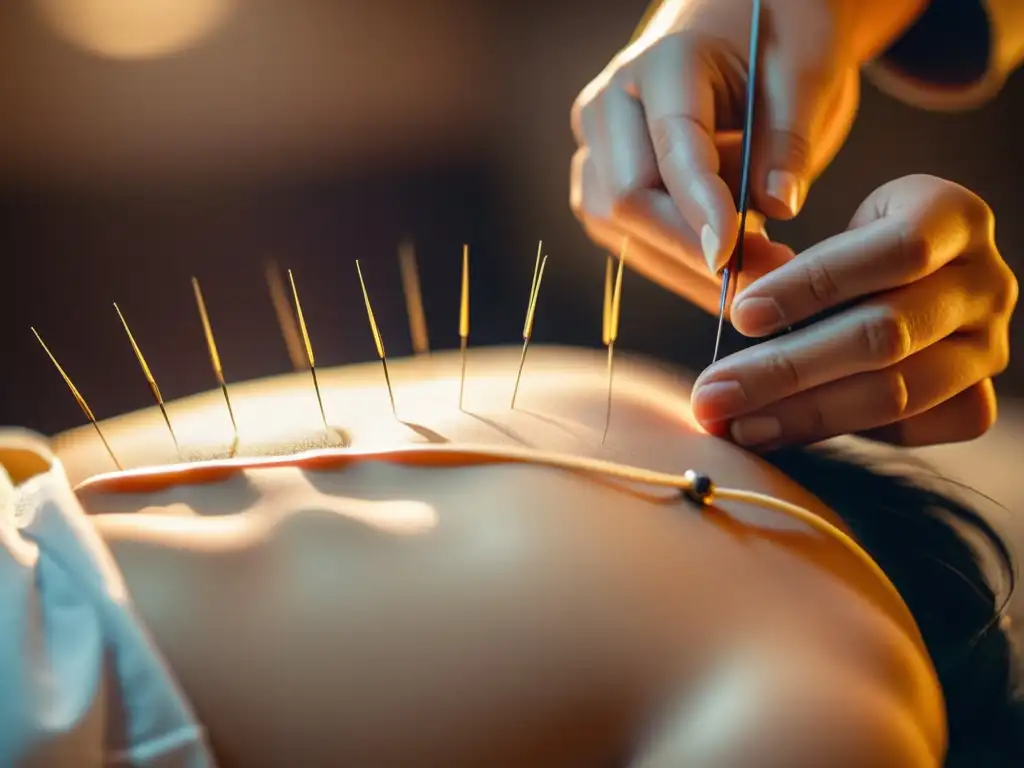 Persona recibiendo tratamiento de acupuntura, con agujas finas en la espalda