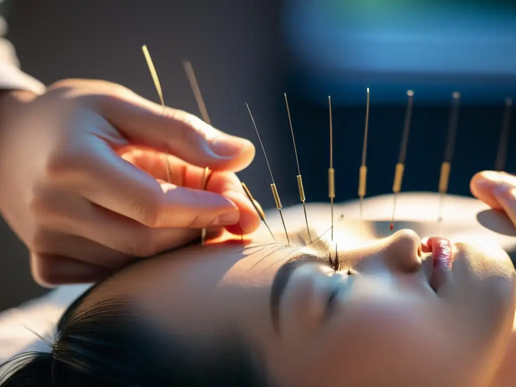 Persona recibiendo tratamiento de acupuntura para fortalecer sistema inmunológico, con agujas finas en puntos específicos del cuerpo