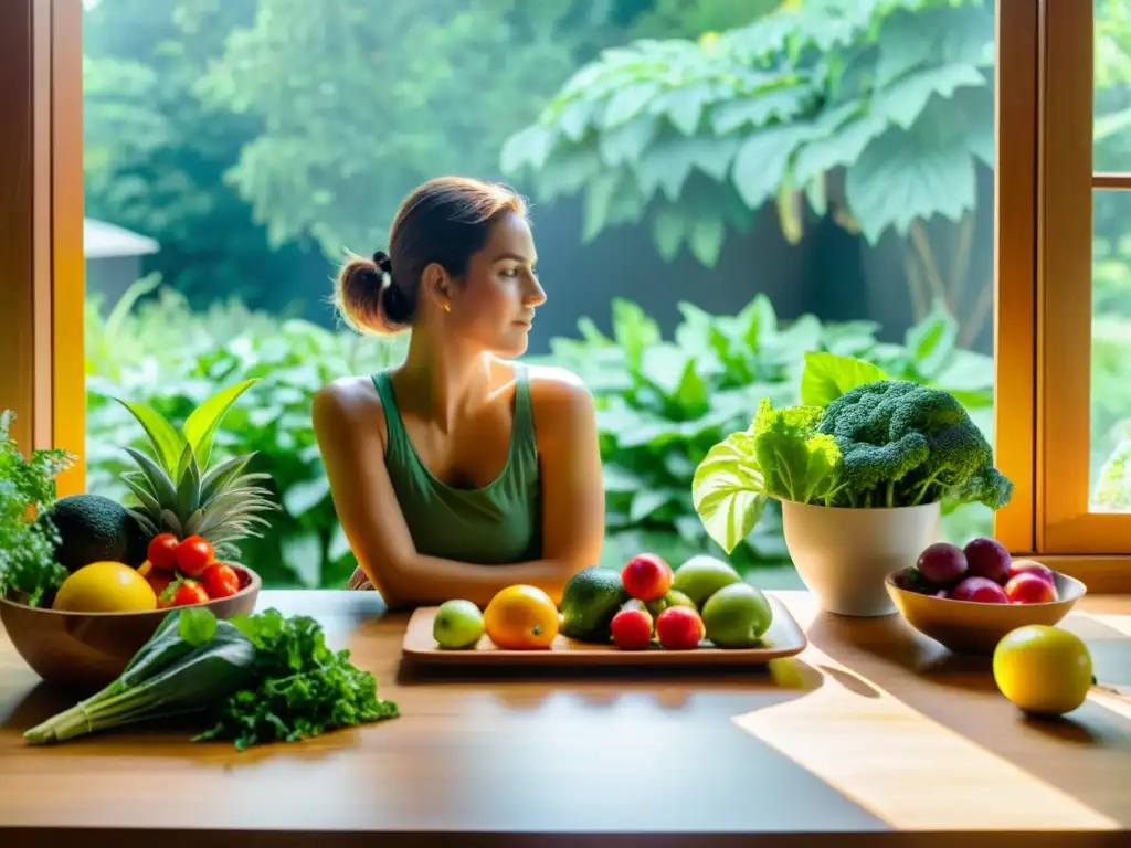 Una persona disfruta de una variedad de frutas y verduras frescas en un entorno natural, transmitiendo vitalidad y bienestar