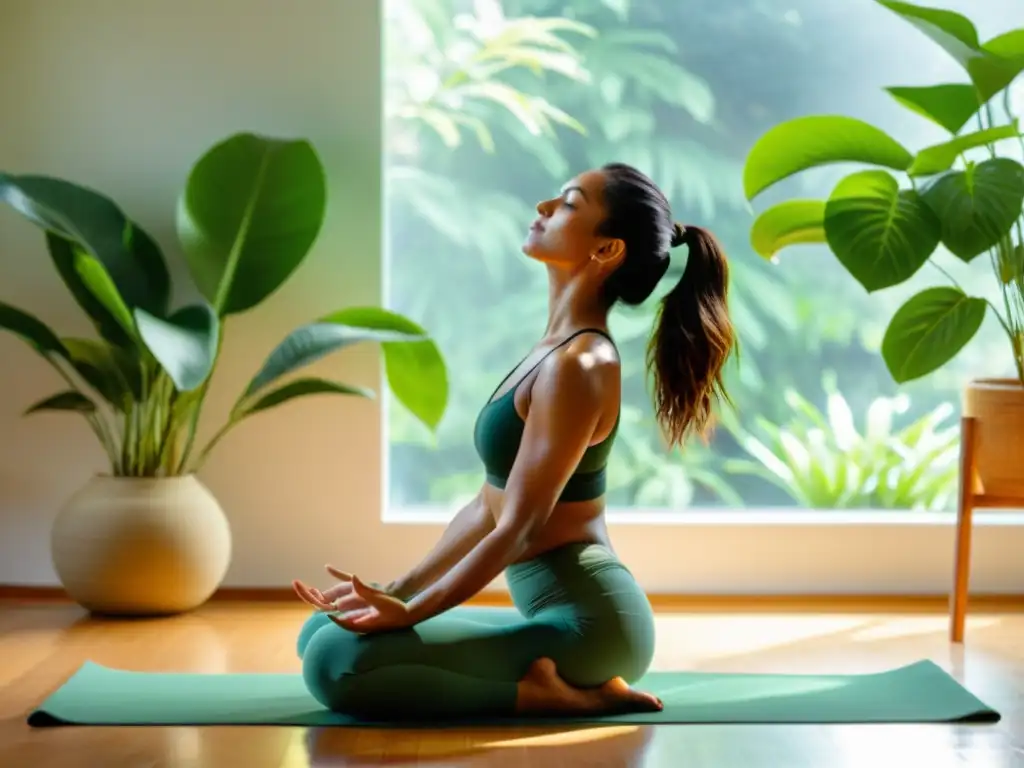 Persona practicando Vinyasa Yoga en un estudio sereno y soleado, irradiando fuerza y vitalidad