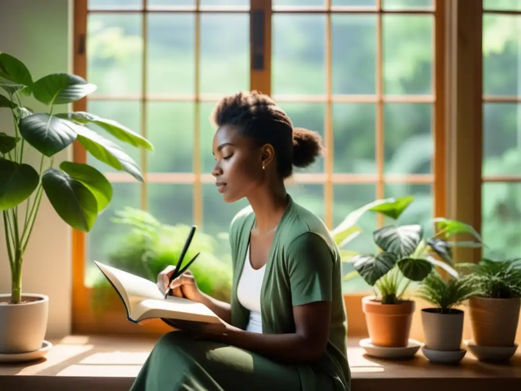 Persona practicando visualización creativa para fortalecer su sistema inmunológico en un ambiente sereno y luminoso, rodeada de plantas verdes