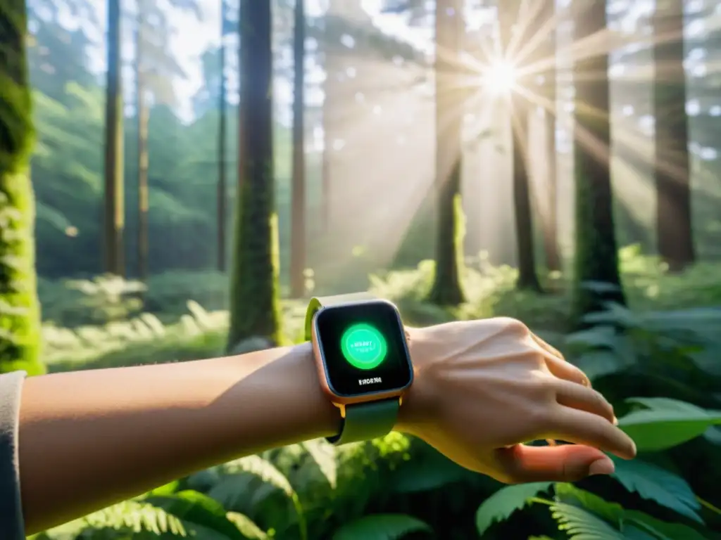 Persona con wearable en la selva, mostrando datos de calidad del aire en tiempo real