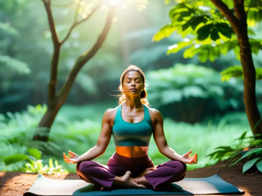 Una persona practicando yoga al aire libre en un entorno natural sereno, rodeada de exuberante vegetación y luz solar filtrándose entre los árboles