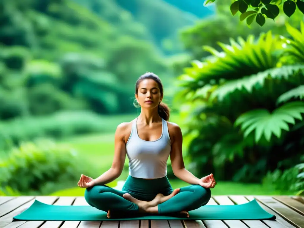 Persona practicando yoga al aire libre entre exuberante vegetación, transmitiendo serenidad y equilibrio