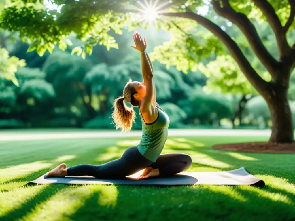 Persona haciendo yoga al aire libre en un parque, rodeada de naturaleza exuberante y sol