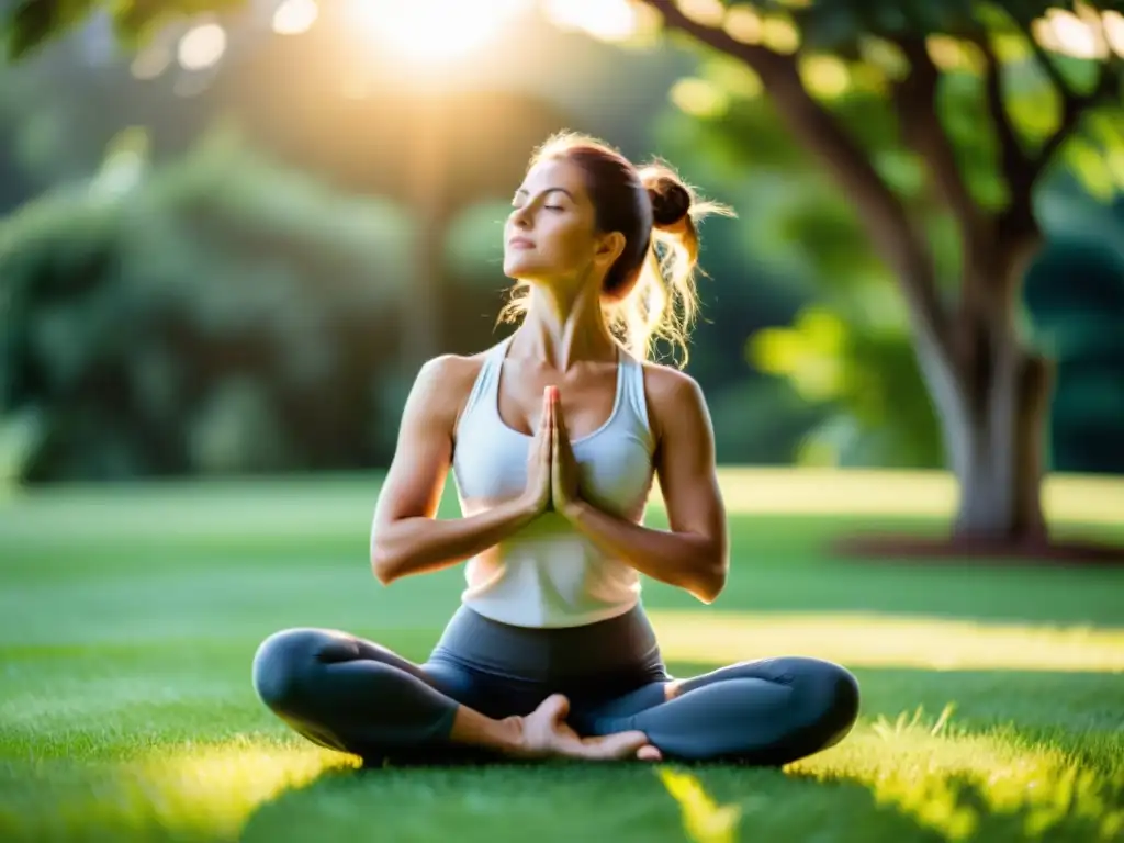 Persona practicando yoga al aire libre en un césped verde exuberante, con luz solar cálida y expresión serena