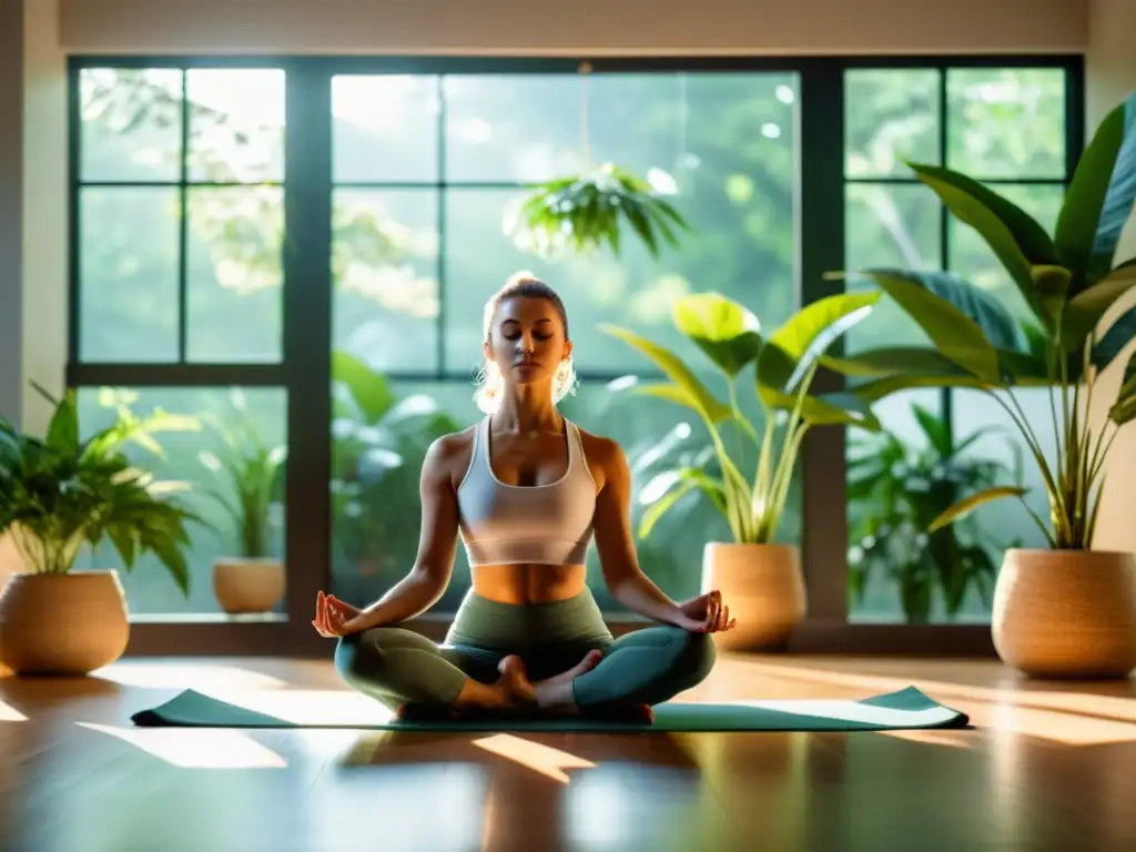 Persona practicando yoga en ambiente sereno con plantas