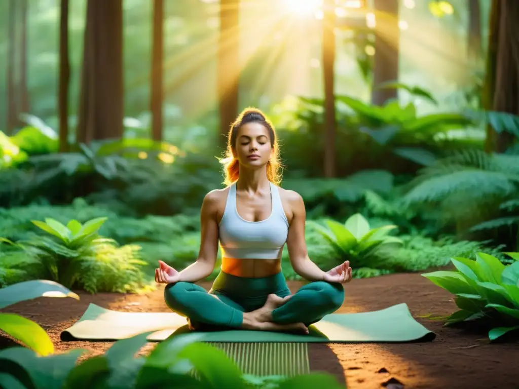 Persona practicando yoga en un bosque exuberante, rodeada de flora vibrante y luz dorada, evocando calma y limpieza nutricional sistema inmunológico