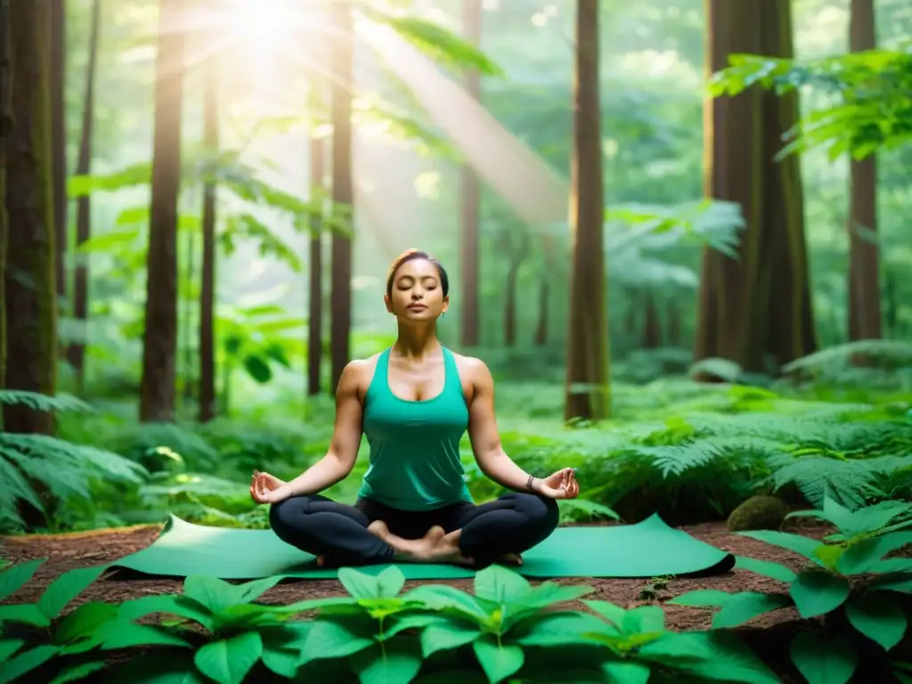 Persona practicando yoga en un bosque exuberante, conectando con la naturaleza y el poder curativo para el sistema inmunológico