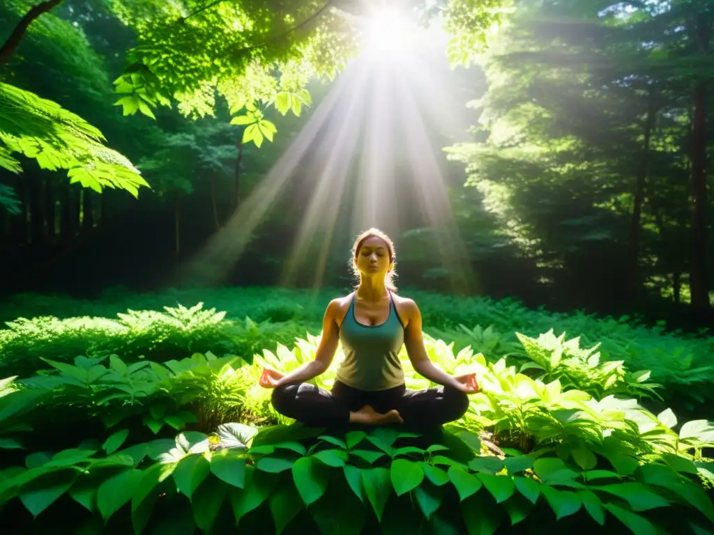 Persona practicando yoga en un bosque exuberante, transmitiendo tranquilidad y armonía, ideal para técnicas de relajación para inmunidad