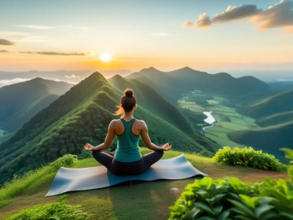 Una persona practicando yoga en la cima de una montaña, rodeada de exuberante vegetación y con el sol saliendo