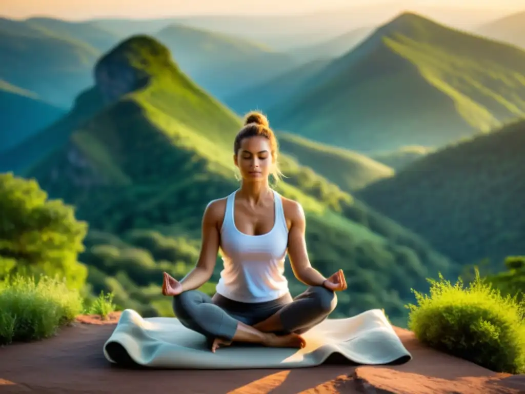 Persona practicando yoga en la cima de una montaña, rodeada de naturaleza exuberante, transmitiendo historias inspiradoras de resiliencia