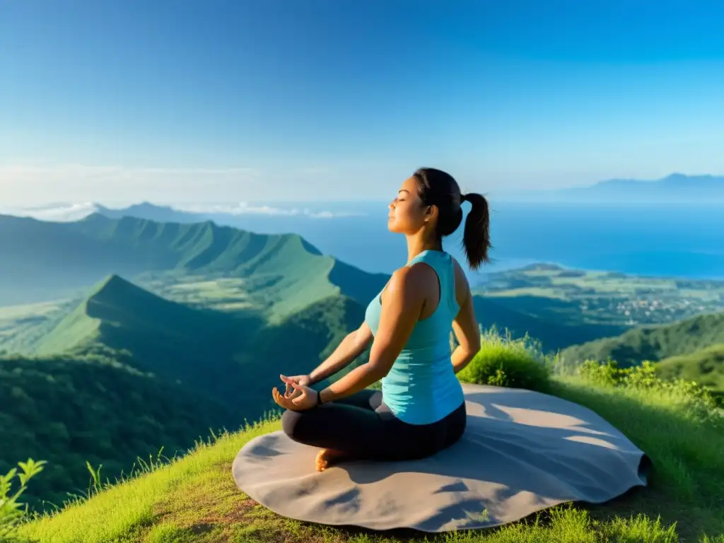 Persona practicando yoga en la cima de la montaña, rodeada de naturaleza