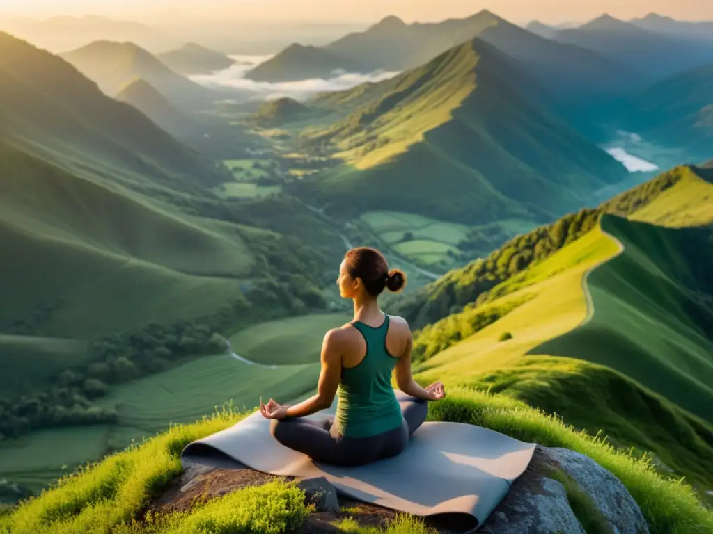 Persona practicando yoga en la cima de una montaña verde exuberante al amanecer, irradiando calma y vitalidad