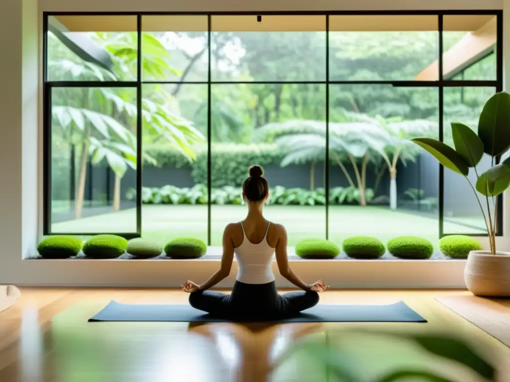 Persona practicando yoga en salón contemporáneo con vista a jardín, transmitiendo calma y bienestar