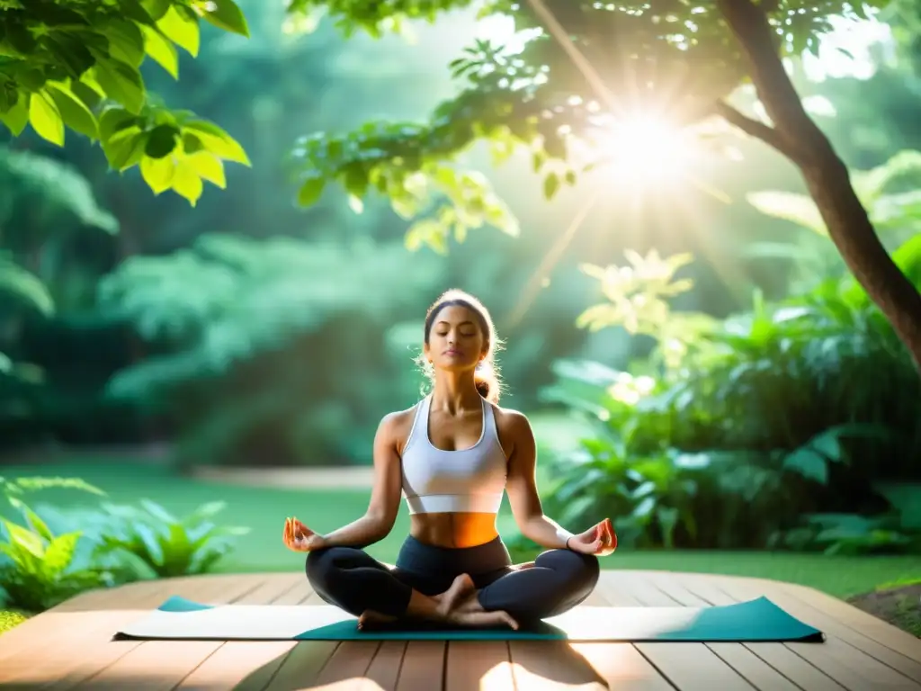 Persona practicando yoga en un entorno natural, en una postura profunda y relajada, transmitiendo serenidad y fuerza interior