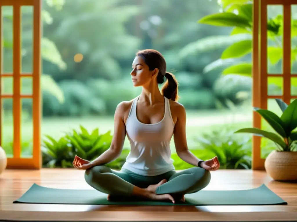 Una persona practicando yoga en un entorno natural y sereno, mejorando resistencia alérgenos comunes