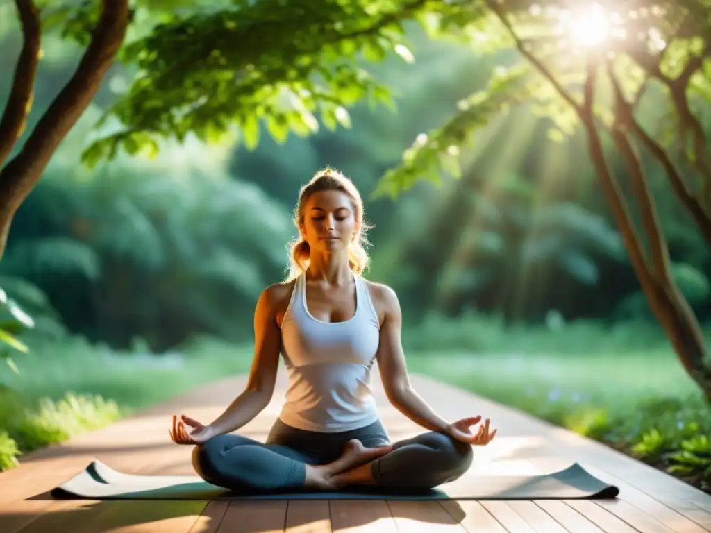 Una persona practicando yoga en un entorno natural y tranquilo, rodeada de vegetación y luz solar