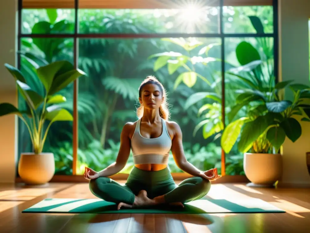 Persona practicando yoga en un entorno sereno y luminoso, rodeada de plantas verdes