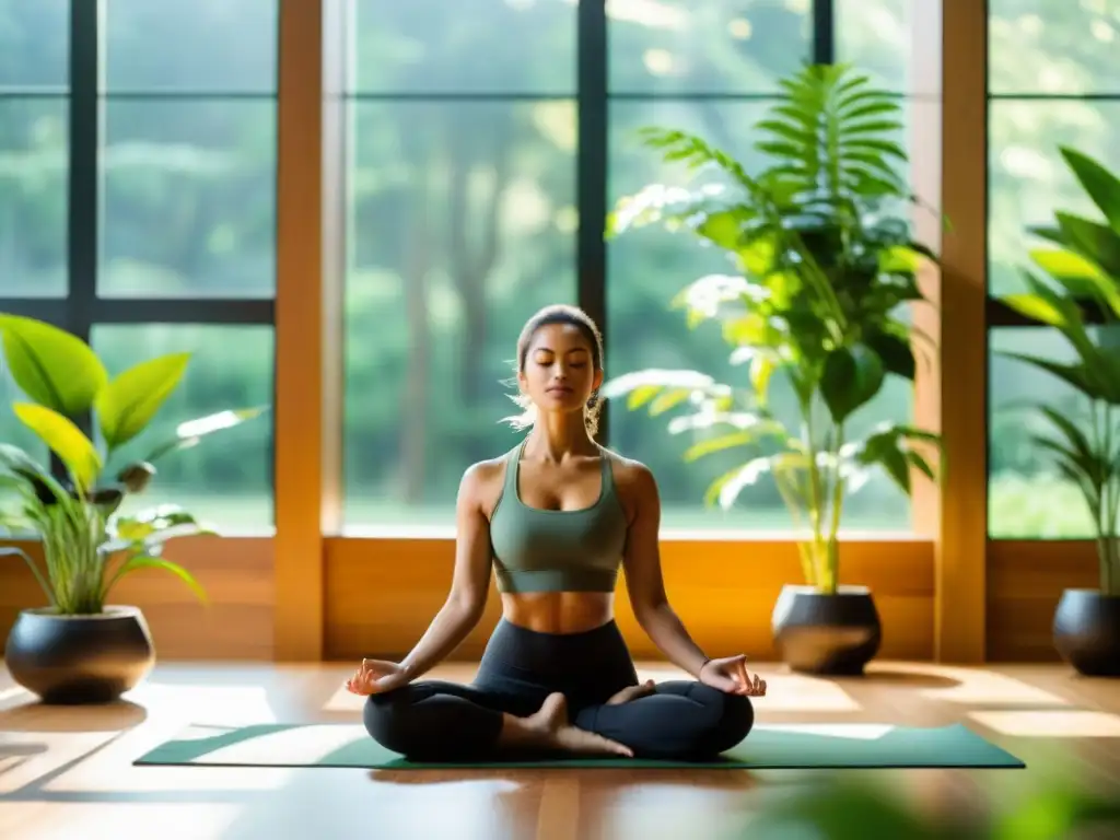 Persona practicando yoga en un espacio sereno y soleado, rodeada de plantas verdes