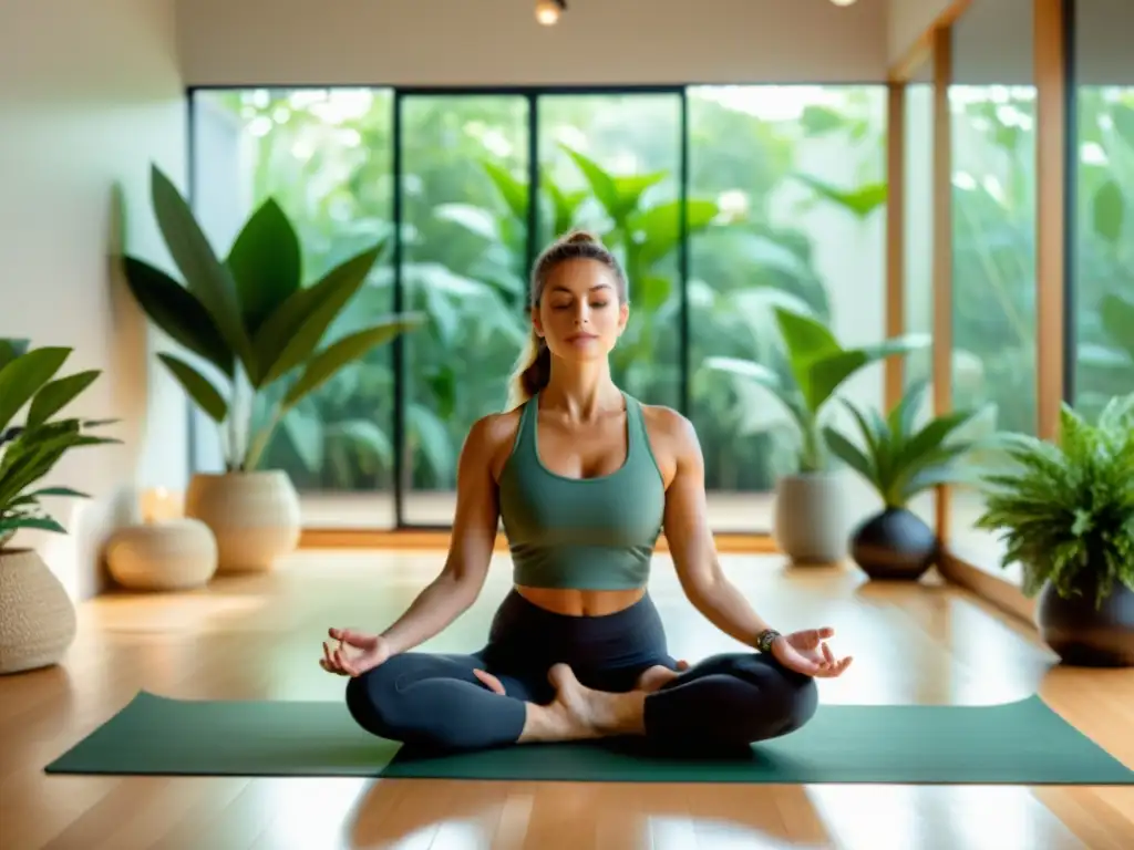 Persona practicando yoga en un estudio sereno, promoviendo la calma y la fuerza interior