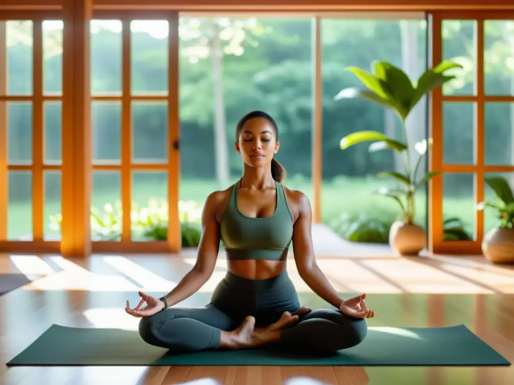 Persona practicando yoga en un estudio sereno y soleado, rodeado de vegetación exuberante