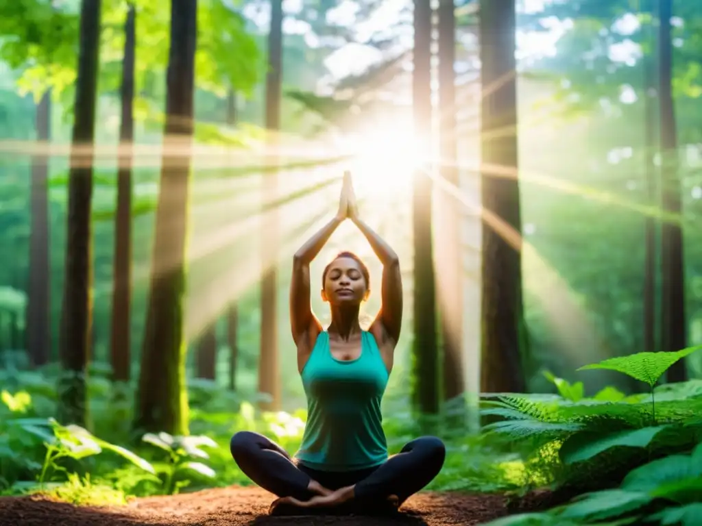 Persona practicando yoga en un frondoso bosque, expresando paz y fuerza