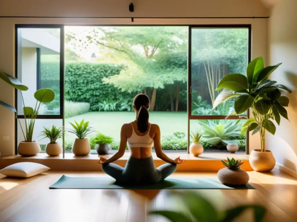 Persona practicando yoga en habitación iluminada por el sol con vista a jardín exuberante, fortalecer sistema inmunológico post hospitalización