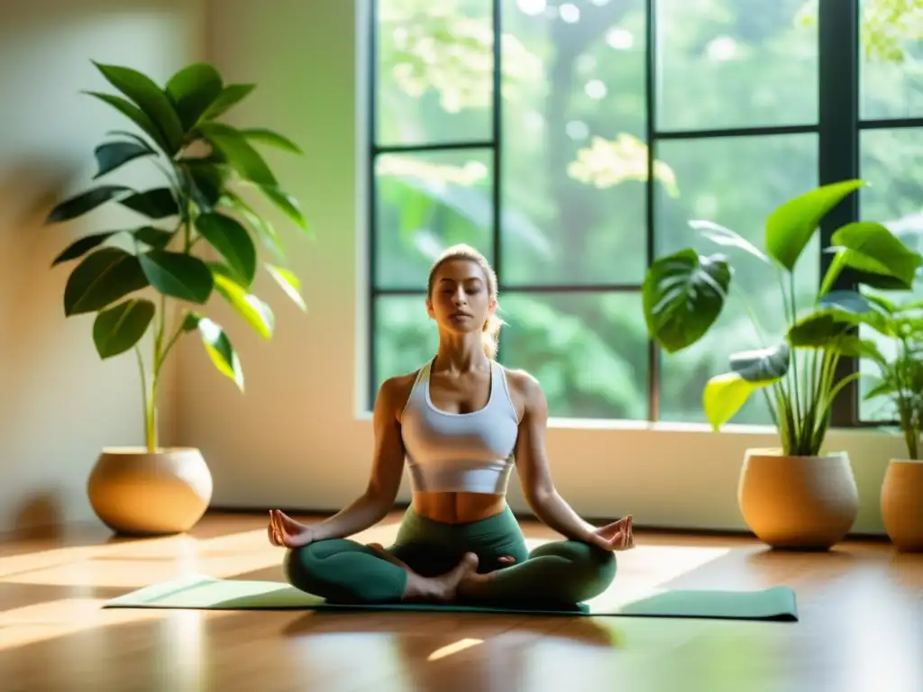 Persona practicando yoga en una habitación iluminada por el sol, rodeada de plantas verdes, con postura determinada y expresión serena