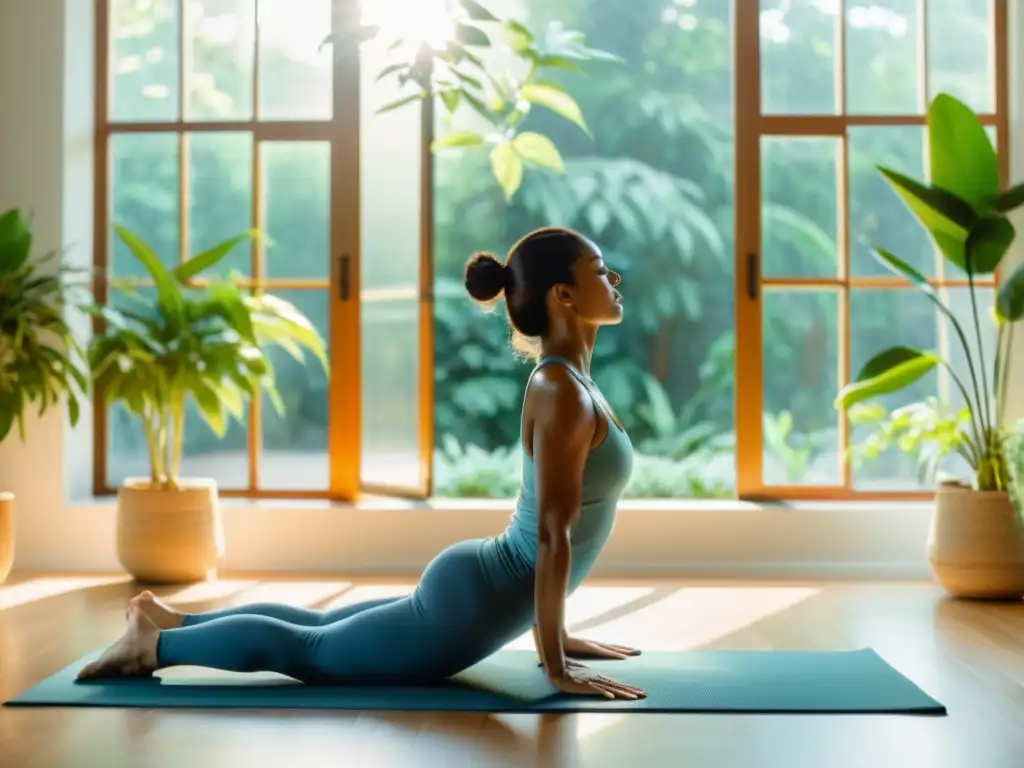 Una persona practicando yoga en una habitación iluminada por el sol, rodeada de plantas verdes