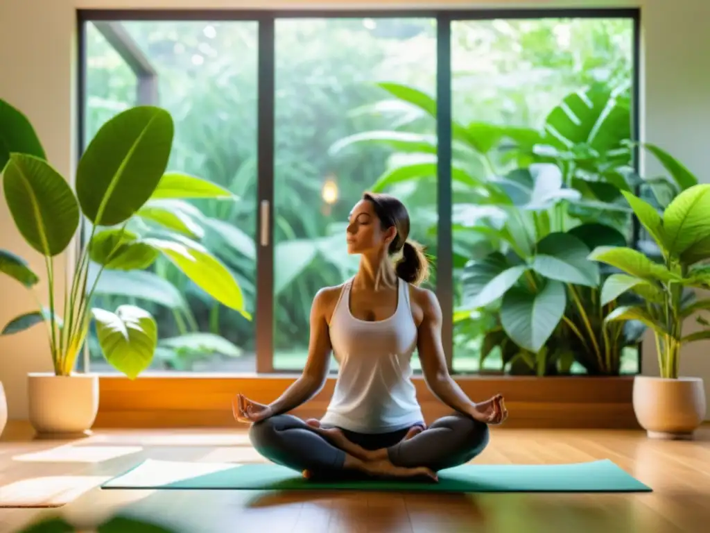 Persona practicando yoga en una habitación serena, rodeada de plantas verdes, en una postura calmante para fortalecer el sistema inmunológico