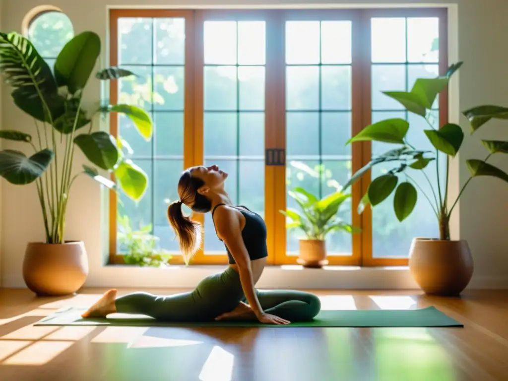 Persona practicando yoga en una habitación serena y soleada, con ejercicios físicos para fortalecer el sistema inmunológico