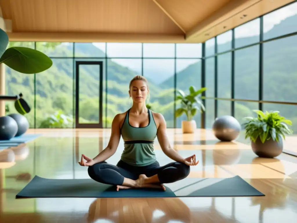 Persona practicando yoga en un moderno gimnasio con vista a la naturaleza