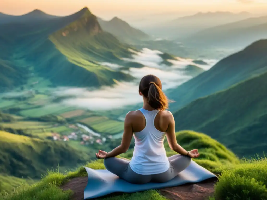 Persona realizando yoga al amanecer en una montaña verde, transmitiendo paz y vitalidad