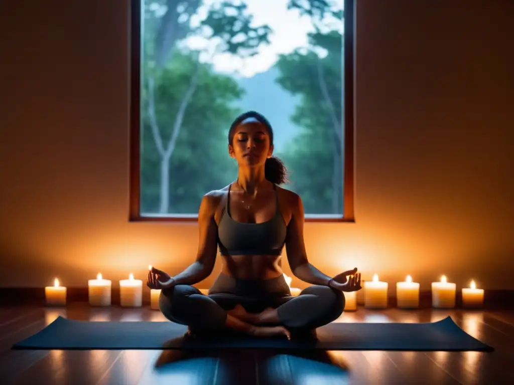 Persona practicando Yoga Nidra en habitación tranquila iluminada por velas, beneficios para sistema inmunológico