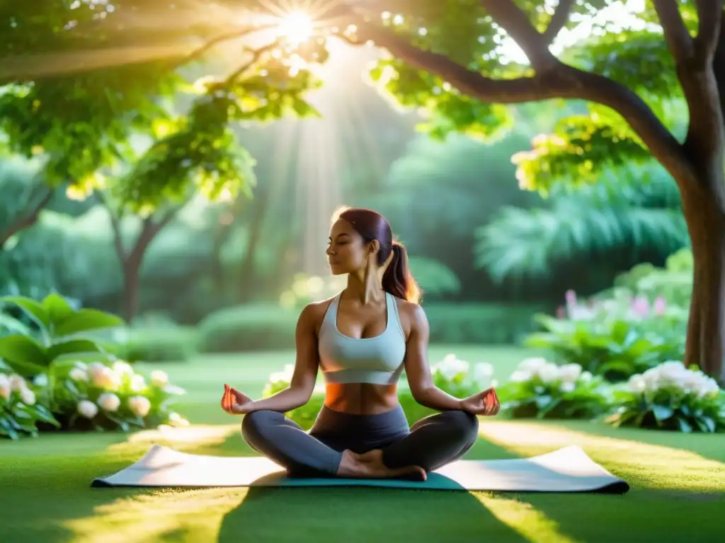 Una persona practicando yoga en un parque exuberante, rodeada de árboles altos y flores vibrantes