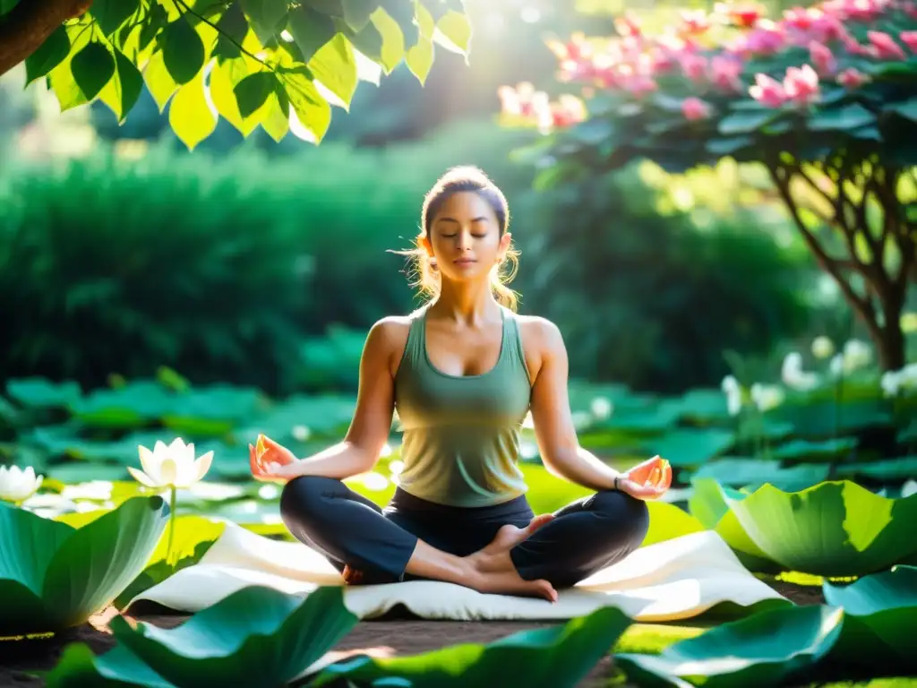 Persona practicando yoga en jardín, rodeada de naturaleza y flores