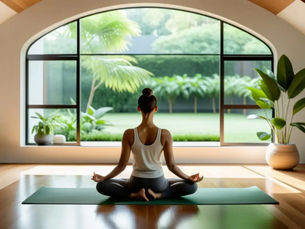 Persona practicando yoga en una sala luminosa con vista a un jardín, beneficios de meditación y ejercicio físico