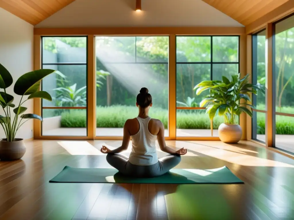 Persona practicando yoga en una sala de meditación tranquila con plantas verdes y luz natural