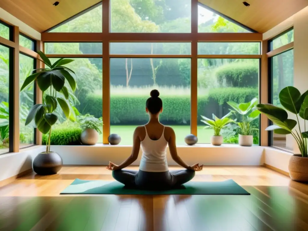 Persona practicando yoga en sala moderna con vista a jardín, creando un ambiente sereno para un sistema inmunológico saludable sin tecnologías