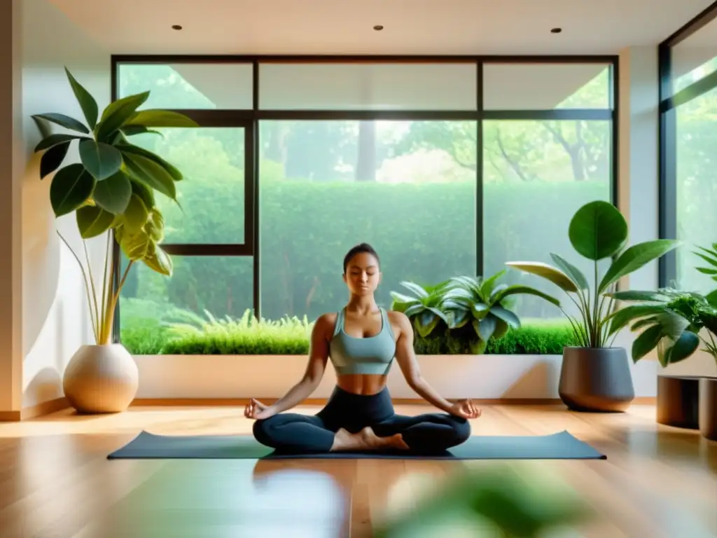 Persona practicando yoga en una sala moderna con plantas y luz natural, representando técnicas de relajación para inmunidad