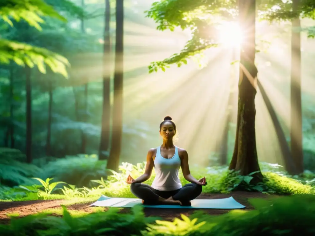 Persona practicando yoga en un tranquilo bosque verde, con luz solar filtrándose entre los árboles