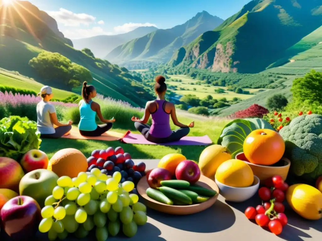 Diversas personas disfrutan de actividades al aire libre con frutas y verduras vibrantes