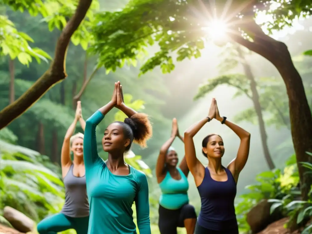 Diversas personas disfrutan de actividades al aire libre, como senderismo, yoga y meditación, rodeadas de exuberante vegetación y luz solar