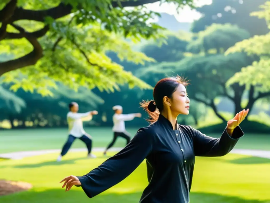 Personas practicando Tai Chi en un parque tranquilo, transmitiendo calma y enfoque